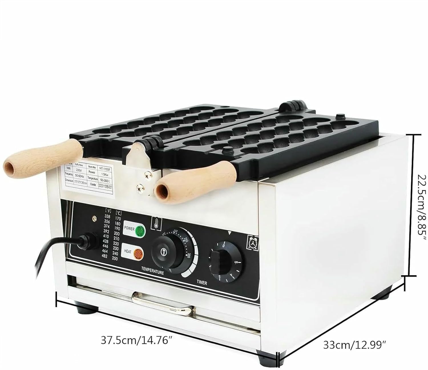 Commercial Electric Bubble Waffle Maker, 1500W Non-Stick Waffle Ball Shape Iron Skewer Machine, Double-heating Waffle Egg Cake Machine with Time & Temp Control, for Home Kitchen Snack