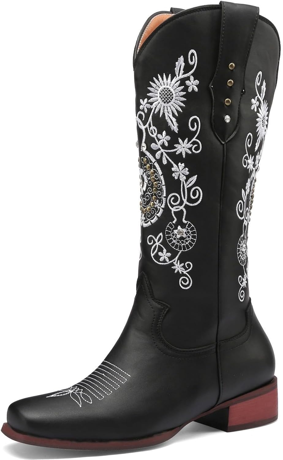 HINDOLA Cowboy Boots for Women Cowgirl Mid Calf Western Boot Sunflower Embroidered Square Toe Chunky Block Heel Classic Boots