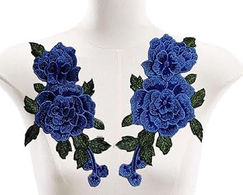 2PC 9X 5.11 Inch 3D Embroidery Rose Flower Iron on Sew on Patches Embroidery Applique Patches for Jeans, Neckline Collar Bust Dress, Clothing, Bags Blue