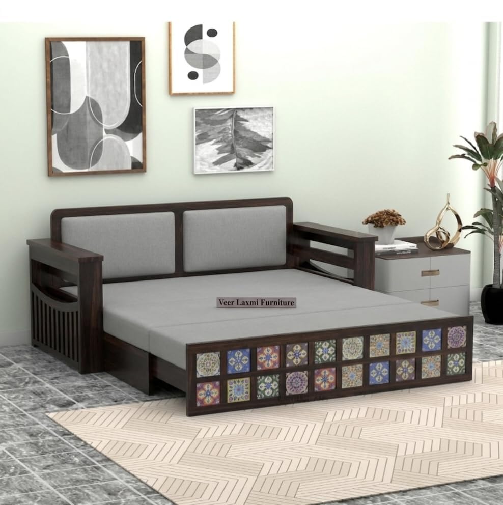 Image of Wooden Sofa Cum Bed for Living Room | Convertible Sofa Bed with Storage | 3 Seater Foldable Sleeper Sofa | Solid Wood Pull Out Sofa Bed with Mattress for Home & Guest Room (Walnut, Mary)