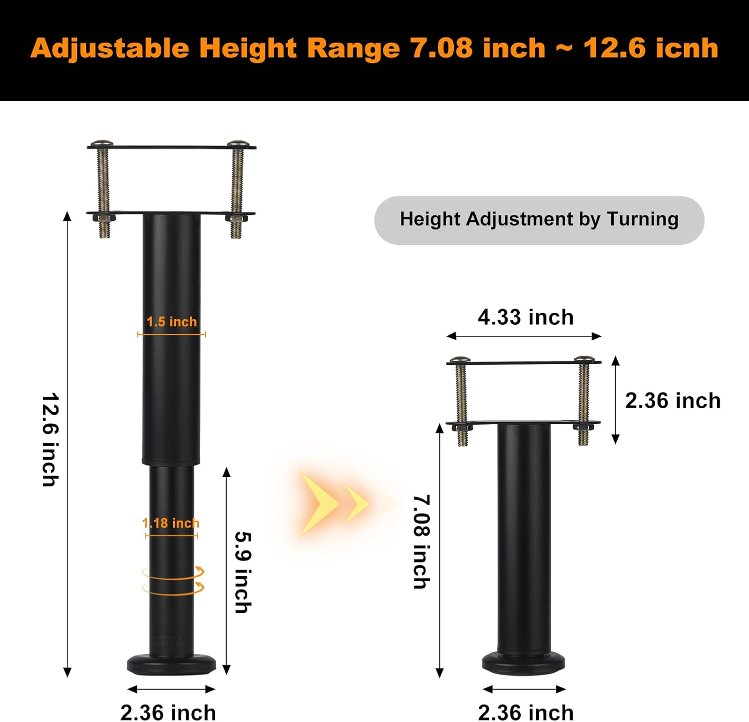 5 Pcs Adjustable Height Bed Support Legs 7.08-12.5 inch with Locking Ring, Bed Frame Center Support Legs for Bed Frame/Bed Center Slat/Furniture, Bed Legs Replacement Bed Slats Support Legs