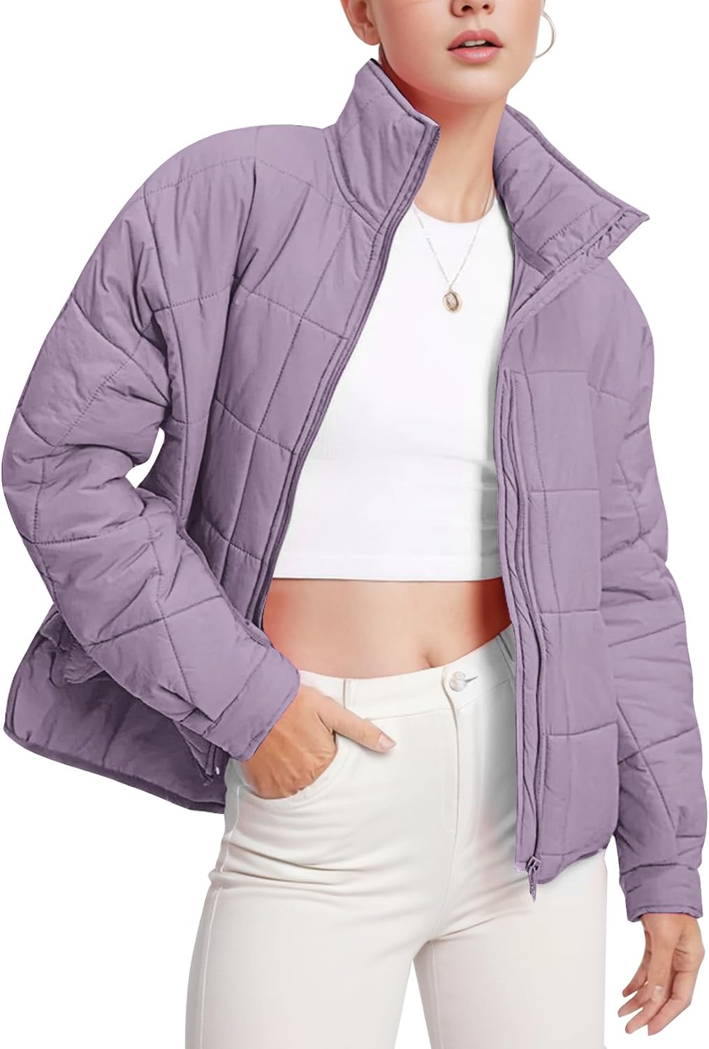 Flygo Womens Oversized Puffer Jacket Lightweight Quilted Jackets Zip Up Warm Padded Coat