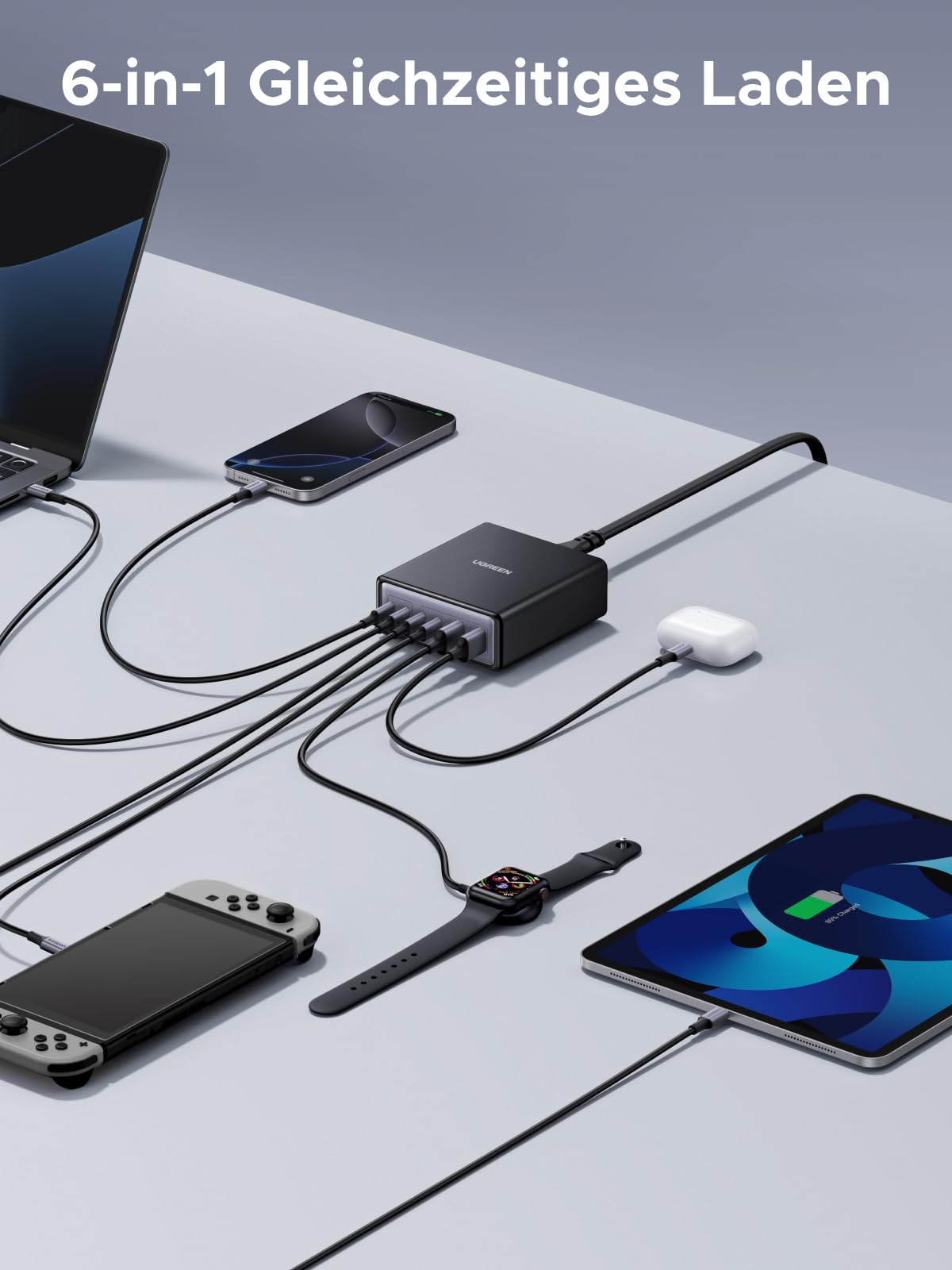 UGREEN 100W USB C Ladegerät 6-Port Ladestation 65W GaN Netzteil PPS Schnellladegerät Mehrfach kompatibel mit MacBook Pro/Air, iPhone 17-8 Serien, Galaxy S25, S24, A15, Pixel 9, iPads