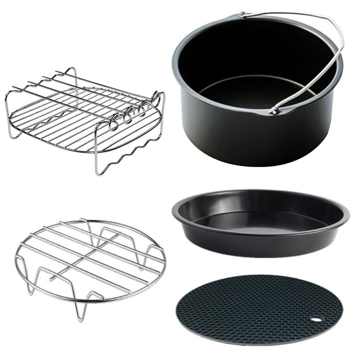Angoily 5 Stück Zubehör für Heißluftfritteuse aus Edelstahl Einfach zu Reinigen und Bedienen Inklusive Backkorb Grillrost und Pizzapfanne für Vielseitiges Kochen