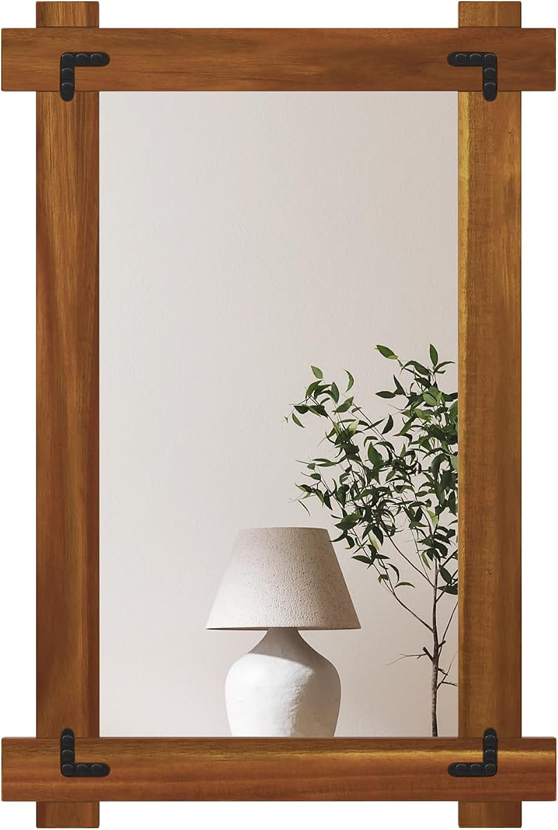 Tangkula Wood Framed Mirror, 30 x 20 Inch Shatterproof Wall Mirror with Acacia Wood Frame & Vintage Rivet Design, Rustic Farmhouse Decoration for Entryway, Living Room, Bedroom