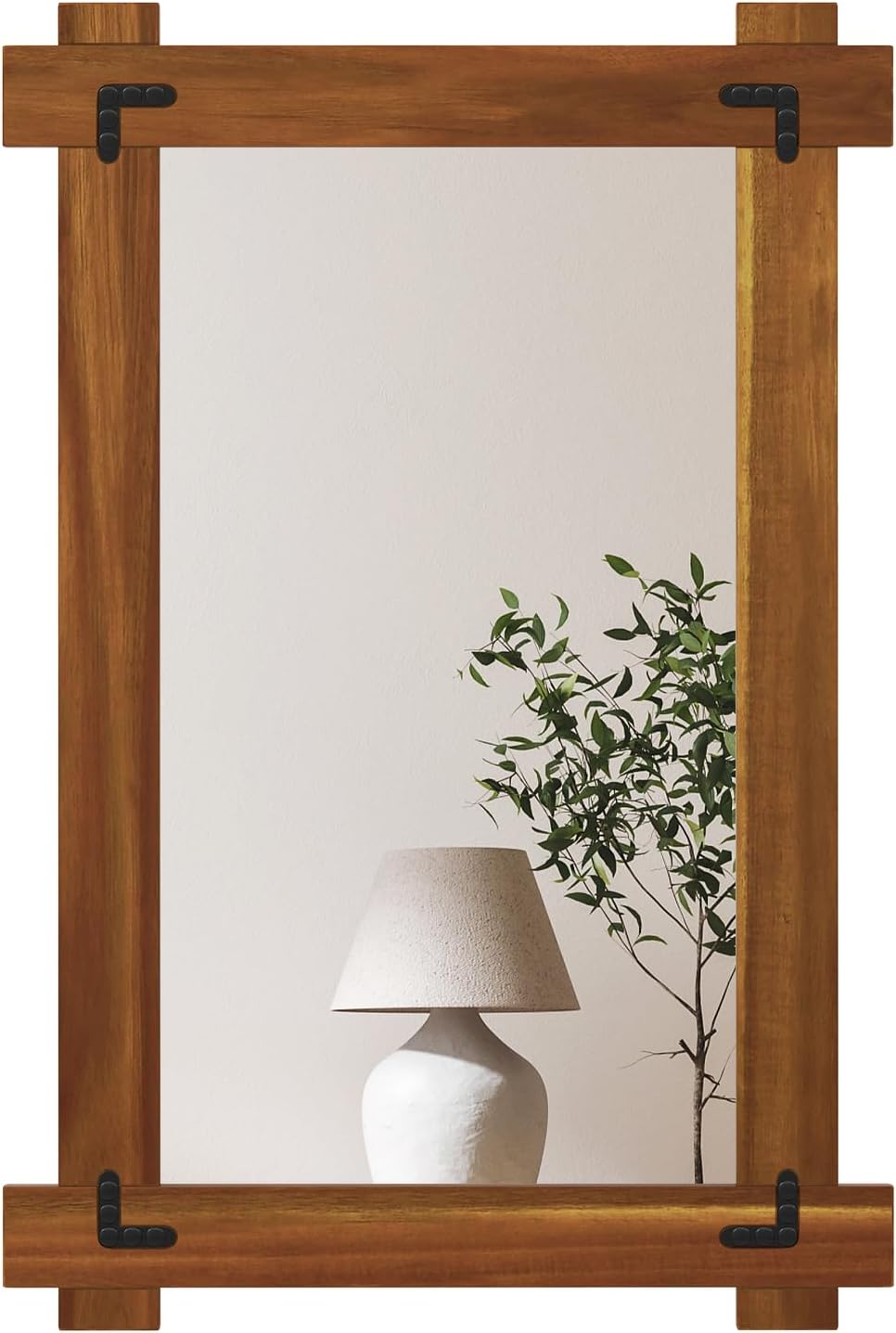 Tangkula Wood Framed Mirror, 30 x 20 Inch Shatterproof Wall Mirror with Acacia Wood Frame & Vintage Rivet Design, Rustic Farmhouse Decoration for Entryway, Living Room, Bedroom