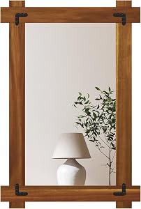 Tangkula Wood Framed Mirror, 30 x 20 Inch Shatterproof Wall Mirror with Acacia Wood Frame & Vintage Rivet Design, Rustic Farmhouse Decoration for Entryway, Living Room, Bedroom