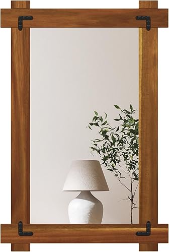 Tangkula Espejo con marco de madera, 30 x 20 pulgadas, espejo de pared inastillable con marco de madera de acacia y diseño de remaches vintage,