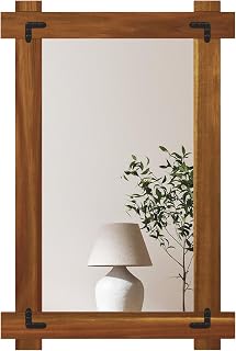 Tangkula Wood Framed Mirror, 30 x 20 Inch Shatterproof Wall Mirror with Acacia Wood Frame & Vintage Rivet Design, Rustic Farmhouse Decoration for Entryway, Living Room, Bedroom