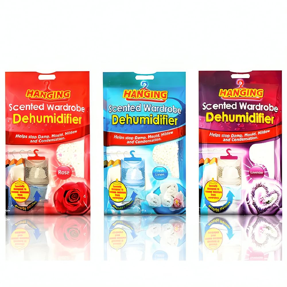 Dehumidifiers Hanging – Set of 3 Scented Moisture Absorbers (Rose, Lavender & Fresh Linen) – Prevents Damp, Mould & Mildew – Ideal for Cupboards, Wardrobes, Caravans & Home Use
