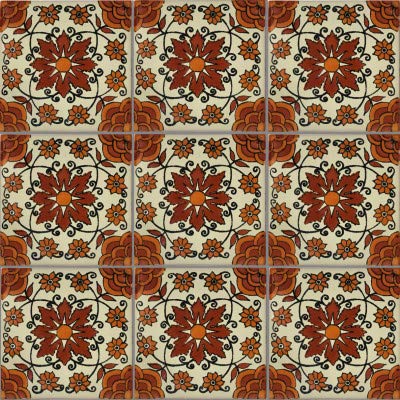 6x6 Inch Talavera Mexican Tile - Set Of 4 Comala Pattern Turquoise Flower Tiles (Handcrafted)