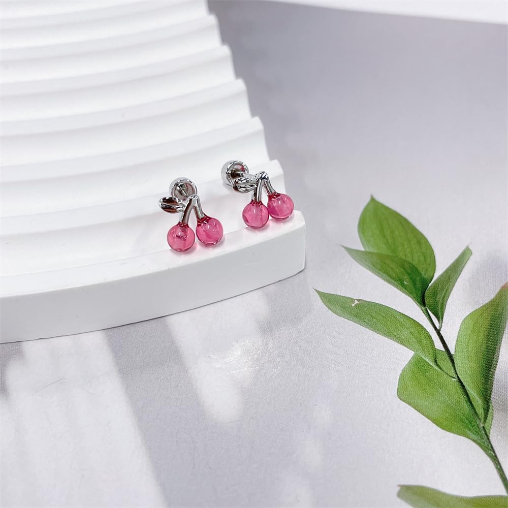 20G Cherry Screw Flat Back Small Stud Earrings for Women Stainless Steel Silver Plated Cute pink Resin Lovely Sweet Food Fruit Cartilage Tragus Piercing Little Studs Hypoallergenic Fashion Jewelry - Image 3