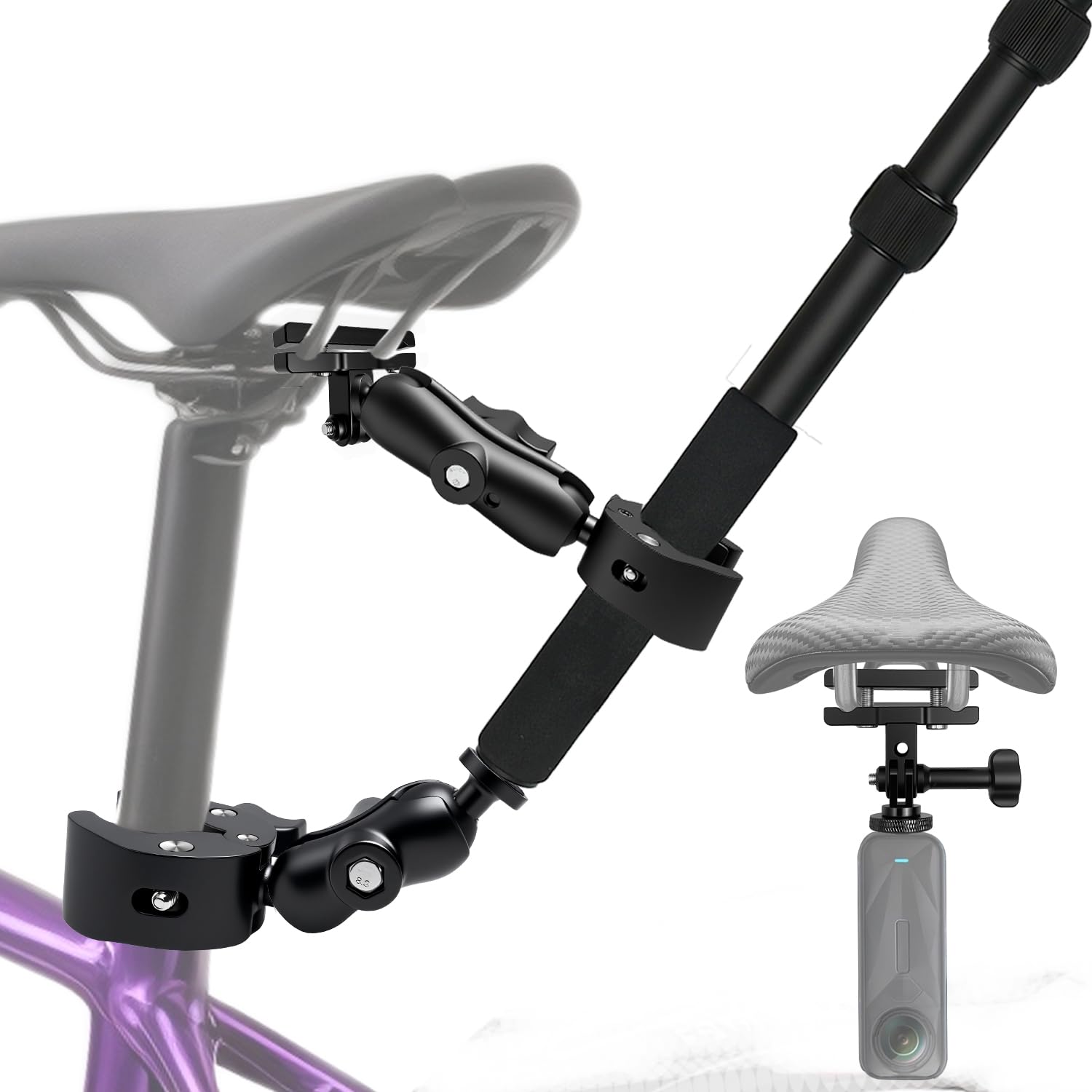 Aluminium Fahrräder Heck Halterung Set für mit 43" Unsichtbarem Selfie-Stick kompatibel mit Insta360 X5-X, Fahrräder Motorräder Lenker kompatibel mit GoPro 13-3, Osmo Action 6-3 für POV Vlogging