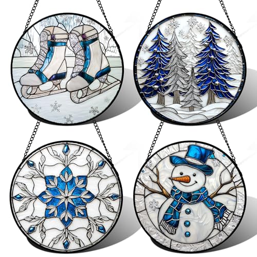 DASTOLL Stained Glass Window Hanging 4 Pcs Set White Winter Christmas Snow Scene Large 15" - Suncatcher Door Garden Sun Catcher Decor Birthday for Mom Woman Nana Men Friend Wife