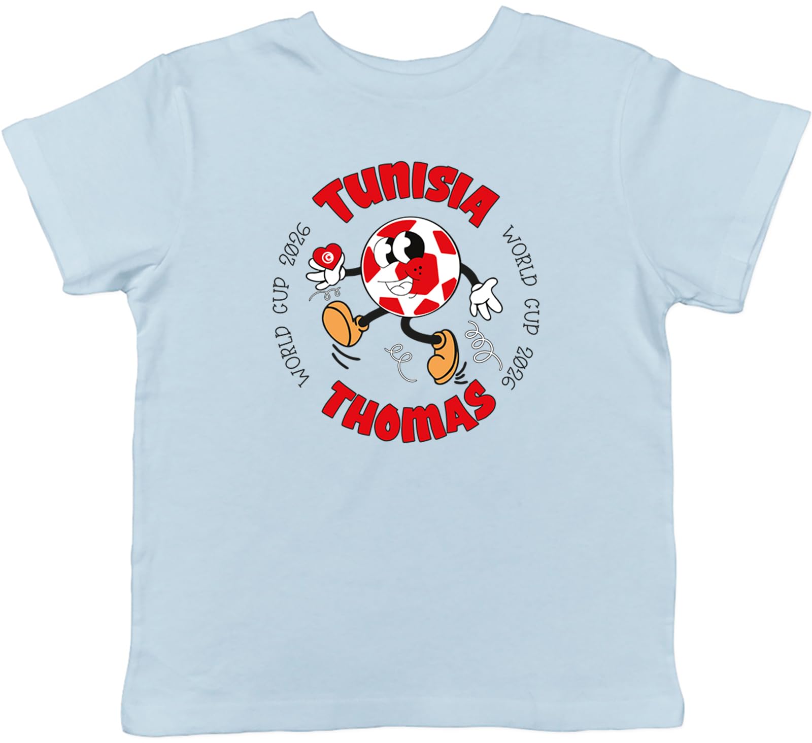 Shopagift Personalised Tunisia World Cup Heart Football Fan Kids T-Shirt Childrens Tee Boys Girls Light Blue