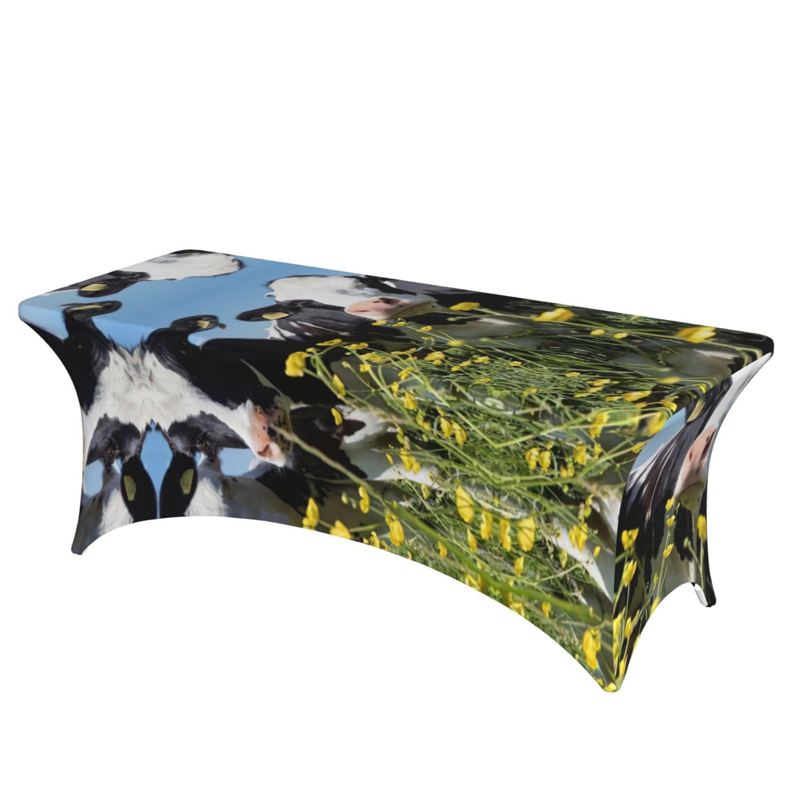 Nappe extensible élasthanne 1,8m anti-pli imprimé vache pour masquer table usée fête