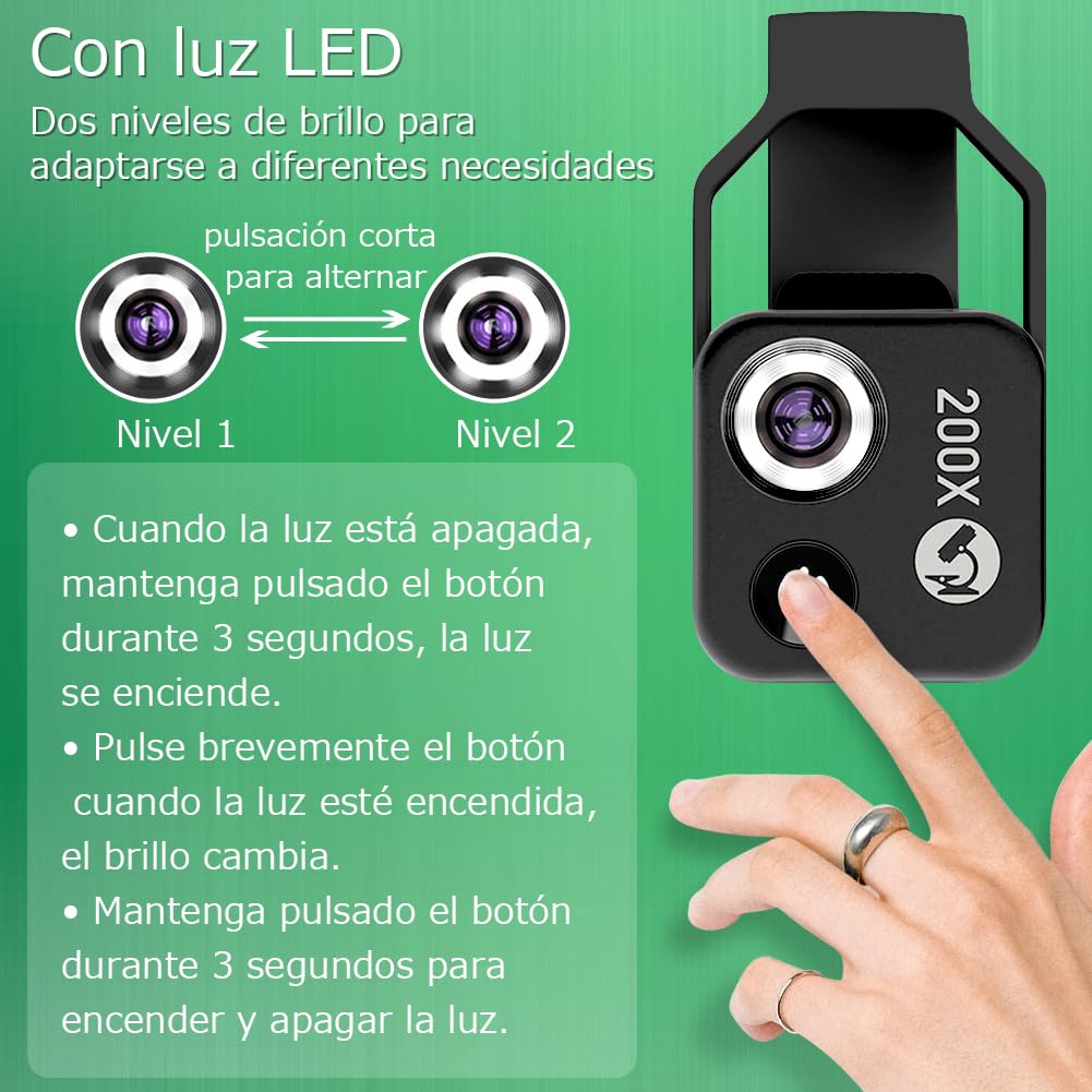 BIGFOX Microscopio de Teléfono con Luz LED, Portátil Microscopio HD 200X con Filtro CPL e Clip Universal para 99% Smartphone Niños y Adultos Exploran el Microcosmos(Plata)