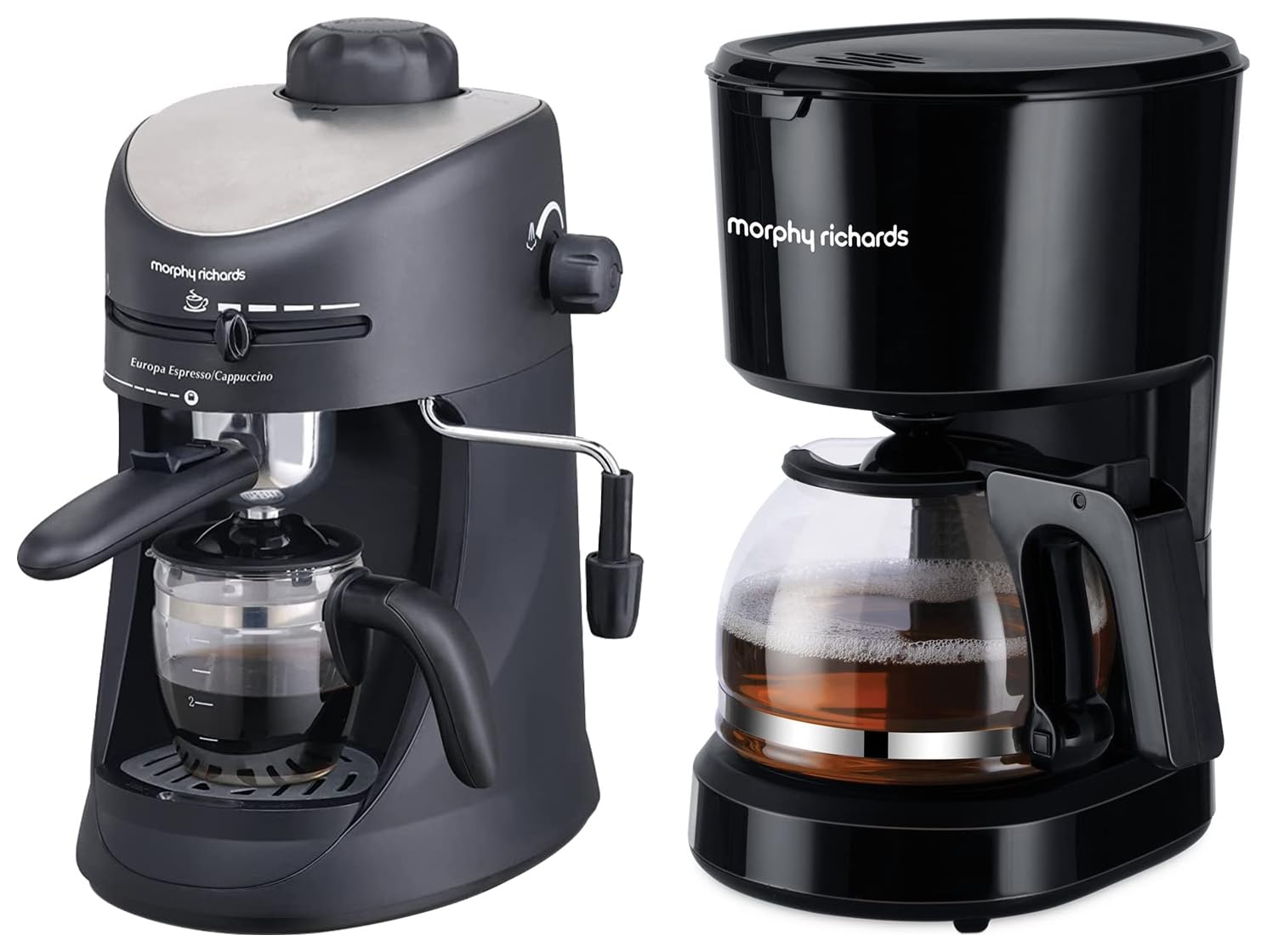 Morphy Richards New Europa 800-Watt Espresso and Cappuccino 4-Cup Coffee Maker (Black) Europa Drip 600-Watt 6-cup Drip Coffee Maker, Gloss Black, Regular (350012)