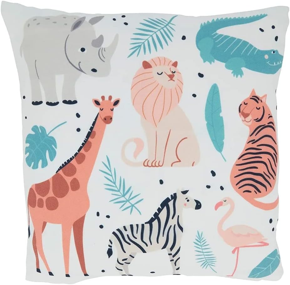 Fennco Styles Jungle Animals Print Decorative Filled Throw Pillow 16" W x 16" L - Multicolored Cushion for Kids Room, Playroom, Bedroom, Living Room, Nursery, Office Décor