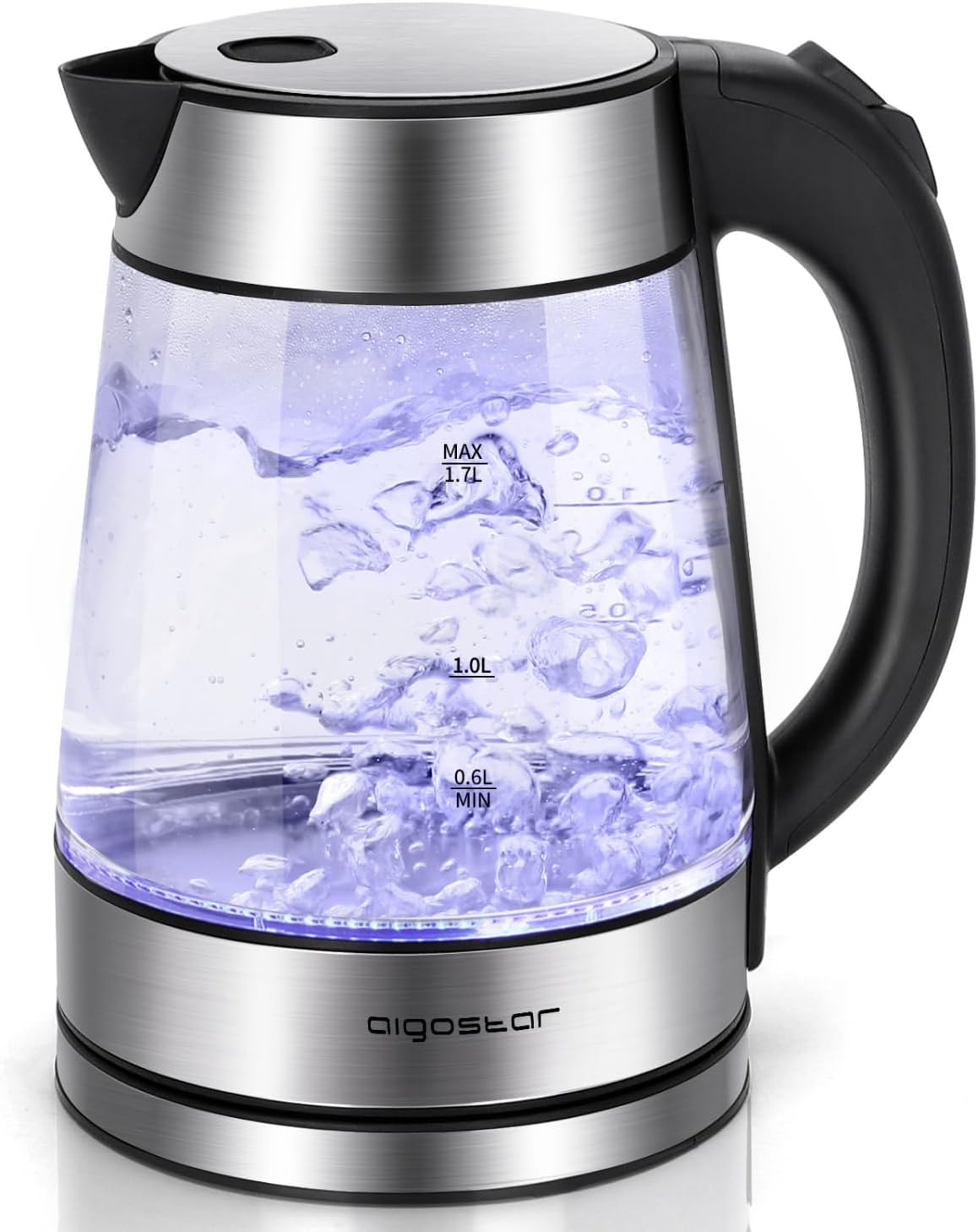 Aigostar Glass Kettle with LED lighting, 2200W, 1.7L, Boil-Dry Protection, BPA Free, Black and Silver, Quiet Boiling - Chubby 30LDA.