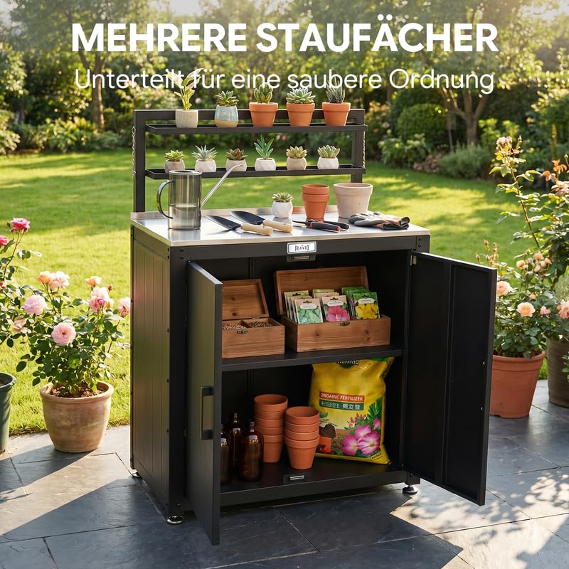 Feasto Gartenschrank wetterfest mit Edelstahl-Arbeitsplatte, 2 verstellbare Regalböden, Pflanztisch aus Metall für Gärten & Terrasse, 80x48x113 cm