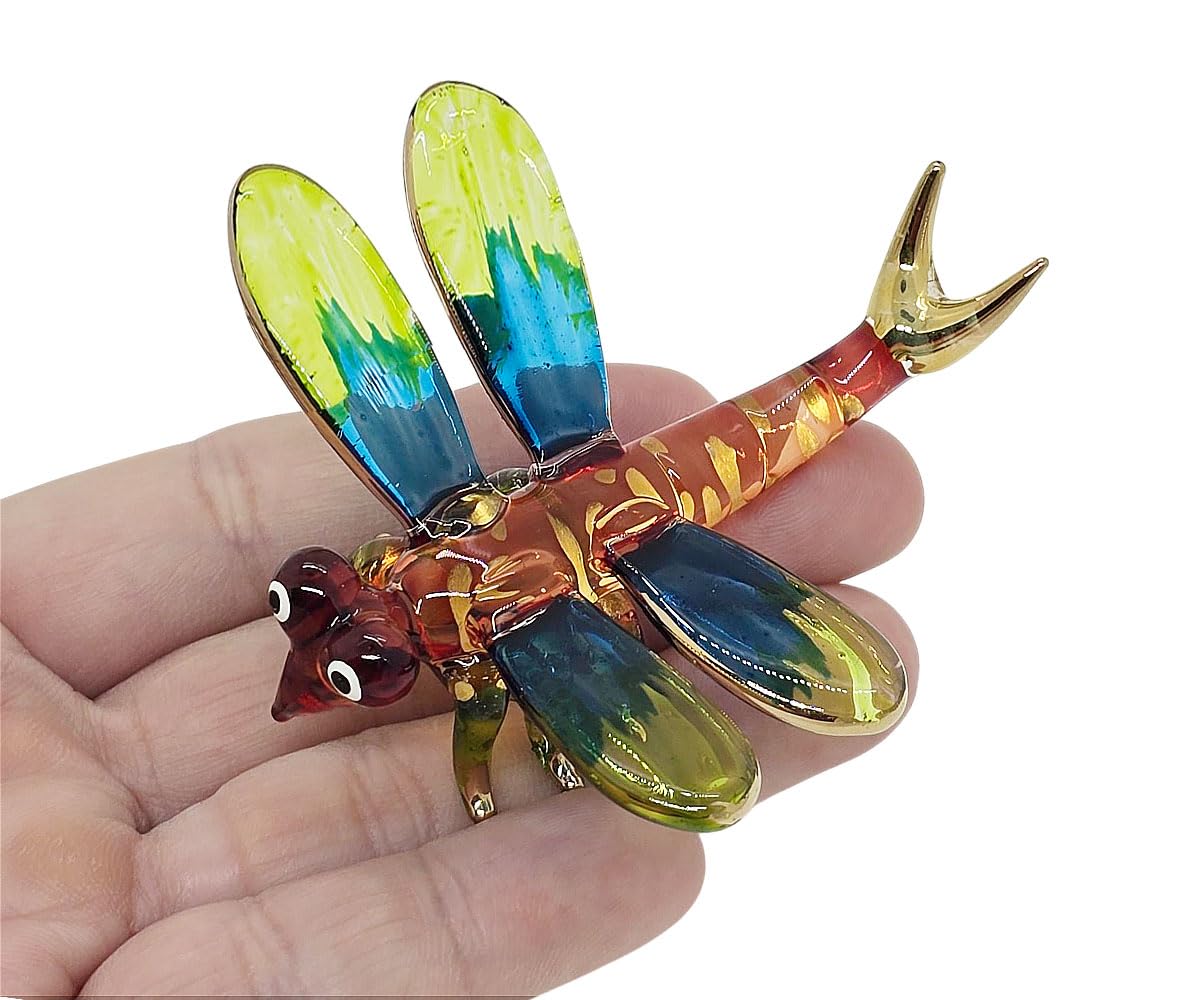 2½" Brown Green Blue Dragonfly Artistic Blown Glass Figurine Premium Hand-Blown Statue Tabletop Decoration Unique Collectible for Adult Collectors Elegant Home Room Decor