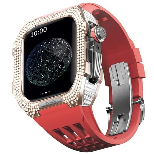 BKUANE Bisel de titânio de pulseira de borracha para Apple Watch 7/6/5/4/SE Apple Mod Watch acessório substituição titânio capa luxuosa compatível com IWatch série 44mm com ferramenta (cor: vermelho