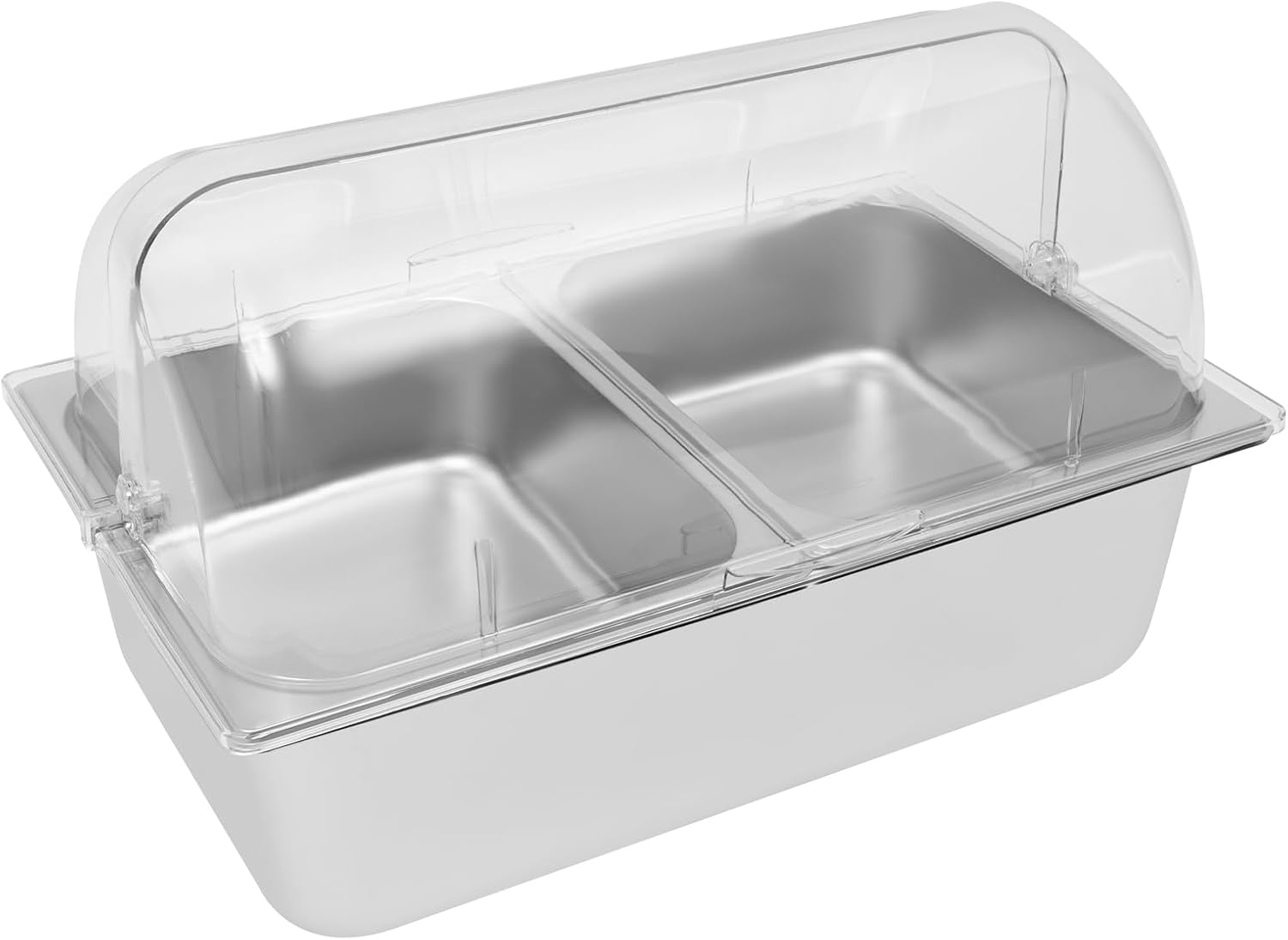 Food Serving Display Container with Clear Roll Top Cover, Stainless Steel Buffet Condiment Dispenser 2 Pans Cold Food Serving Tray Plate Case for Fruit Vegetable Salad