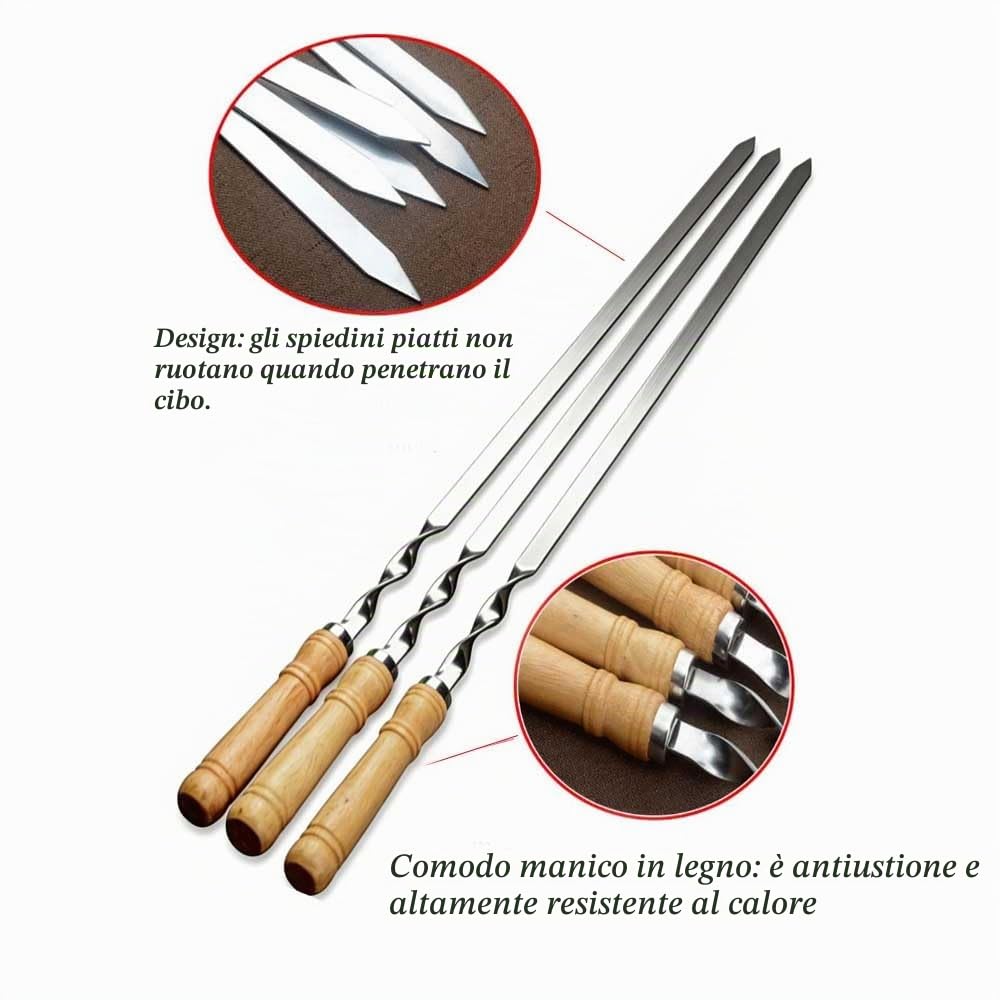 6 spiedini lunghi in acciaio inox con manico in legno (60 cm di lunghezza, 6 pezzi con manico in legno)