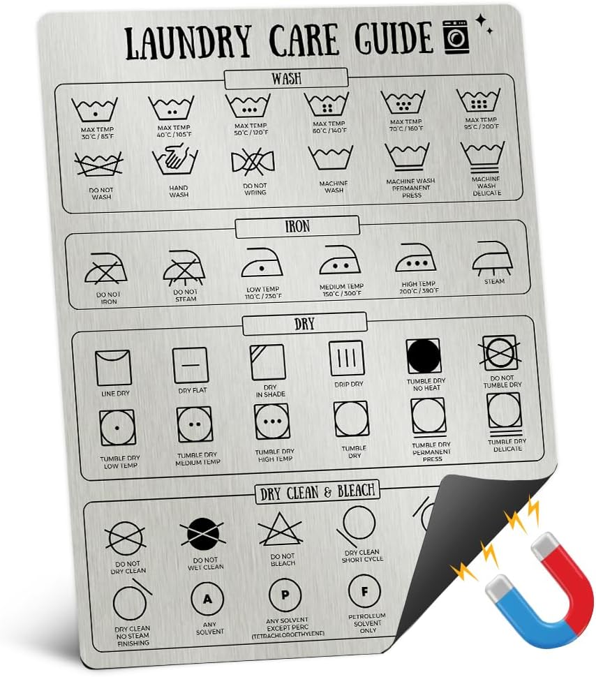 8x10" Laundry Symbols Guide, Laundry Symbols Chart Magnet for Easy Clothing Care, Laundry Symbol Guide for Home, Dorms & Laundromats, Laundry Symbols Sign, Vintage Washing Room Decor Accessories