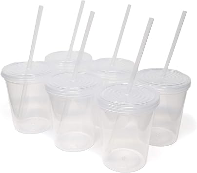 Rolling Sands 16 Oz. Reusable Plastic Stadium Cups with Lids, 6 Pack, USA Made Tumblers and Lids, Includes 6 Reusable Straws; Dishwasher Safe, Translucent Clear