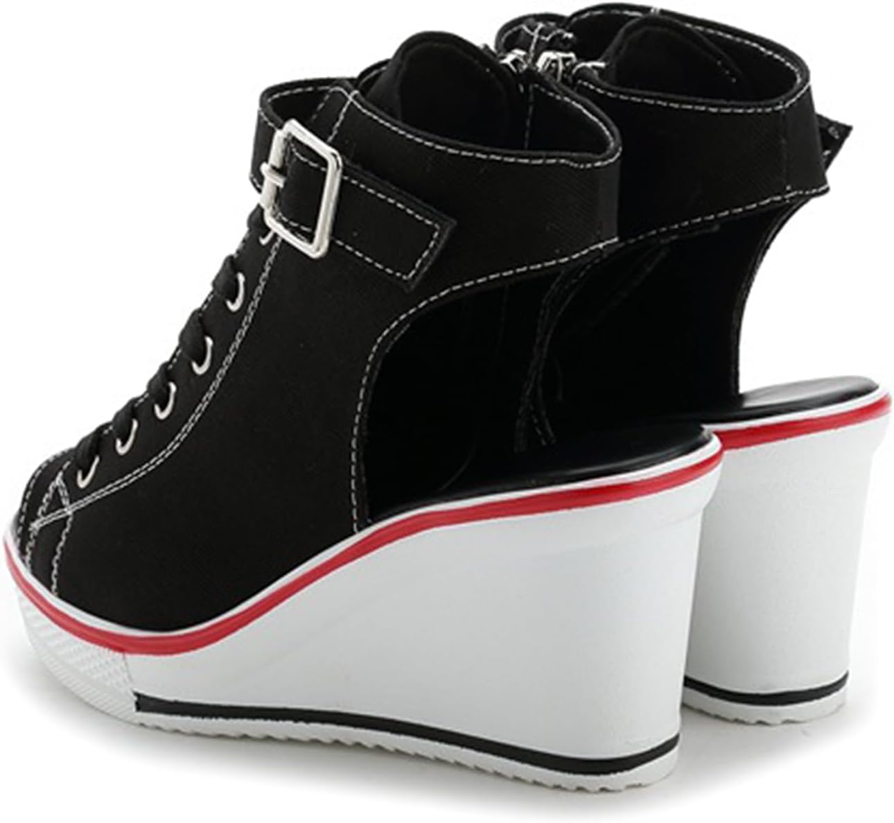 OCHENTA Women's Peep Toe Wedge Sneakers Canvas Platform Shoes Side Zipper Lace up Buckle Fashion Sneakers Walking Shoes - Image 7