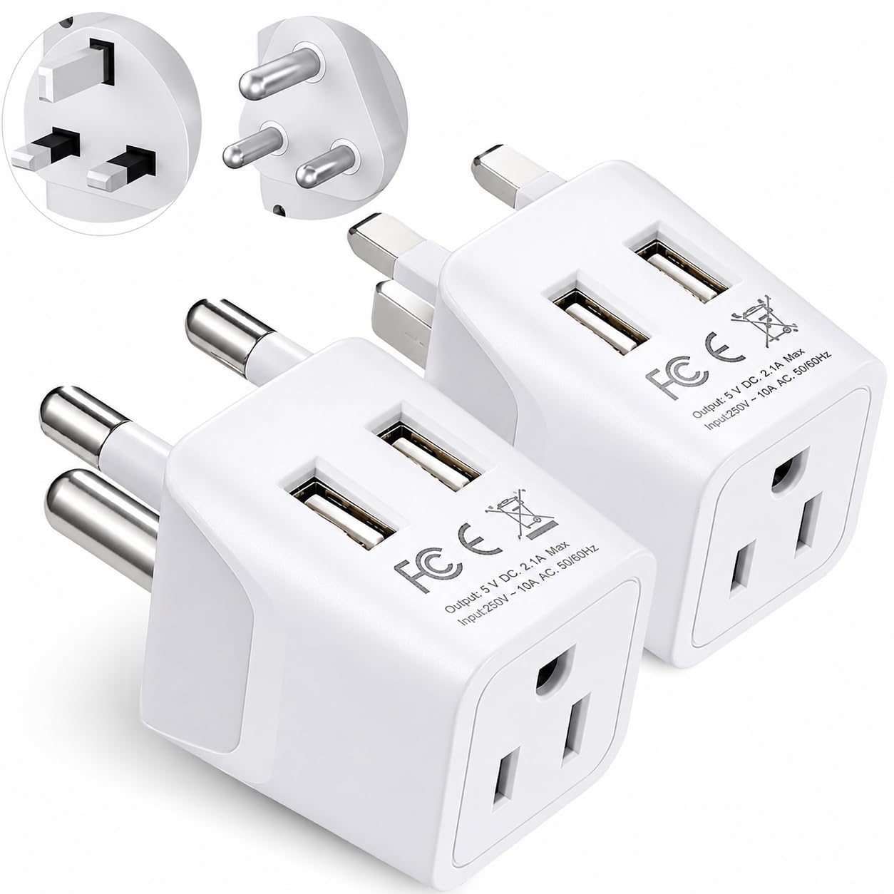 Ceptics South Africa Travel Plug Set - with 2 USB + USA Socket Input - Type M and Type G - Ultra Compact - Safe Grounded Perfect for Cell Phones, Laptops, Camera Chargers