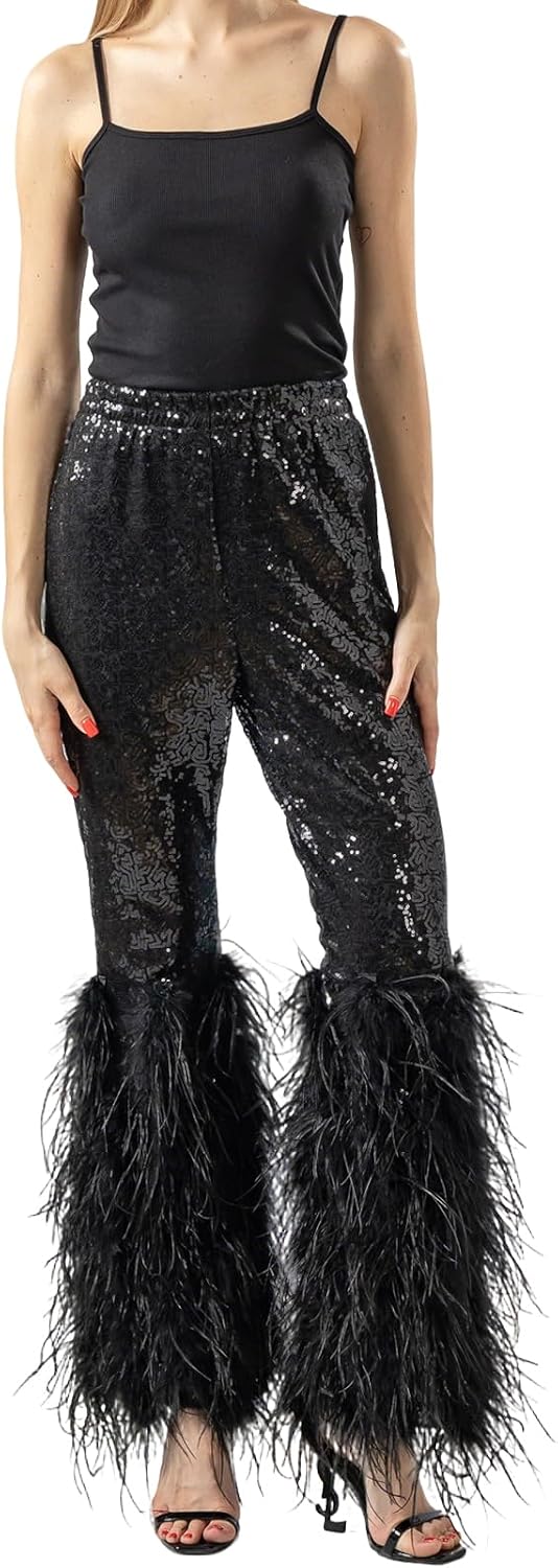 LVCOMEFF Women Sequin Pants with Ostrich Feather Trim Metallic Sparkle Pant Outwear Pants Trousers Party Club