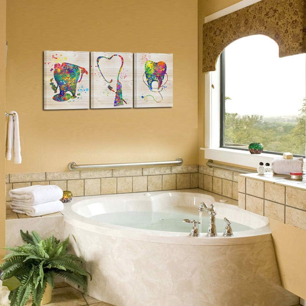 KREATIVE ARTS Brush Your Teeth Framed Canvas Art Painting Funny Poster Prints Teeth Anatomy Stomatology Wall Picture Print Dental Clinic Doctor Office Decor 16x20inchx3pcs