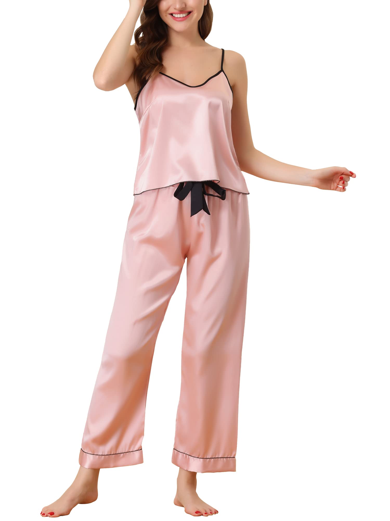 Cheibear Women's Pink Camisole Cami Pants Sets Sleepwear Nightwear Satin Pajama Party Silky Summer Pajamas Set S
