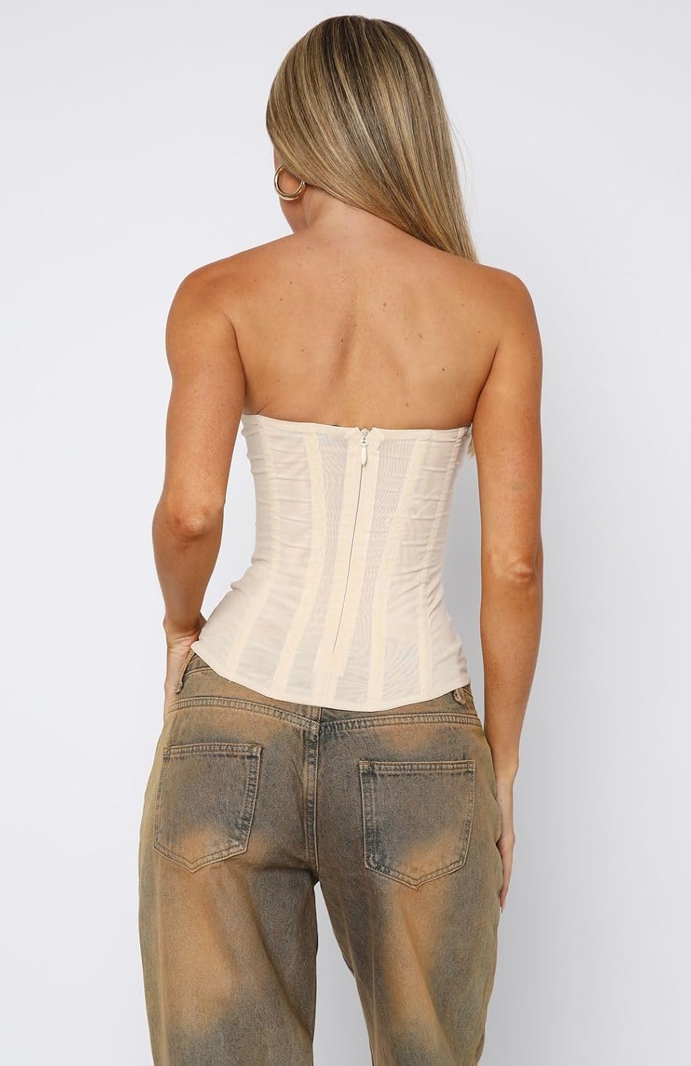 UAURORAO Women Mesh Renaissance Corset Top Strapless Back Zip Up Boned Bustier Tops Y2k Going Out Tube Bandeau Tops - Image 2