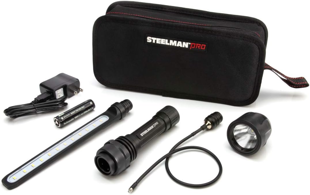 Steelman Pro 3-in-1 Lithium-Ion Modular Rechargeable Worklight Kit, LED Inspection Wand, Bend-a-Light Inspection Tool, and 550-Lumen Flashlight Head