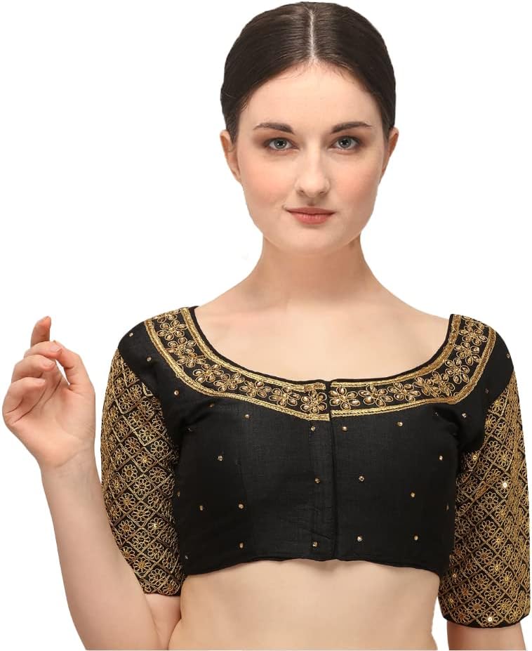 Pujia Mills Women Stylish Readymade Embroidery Half Sleeve Blouse for Saree