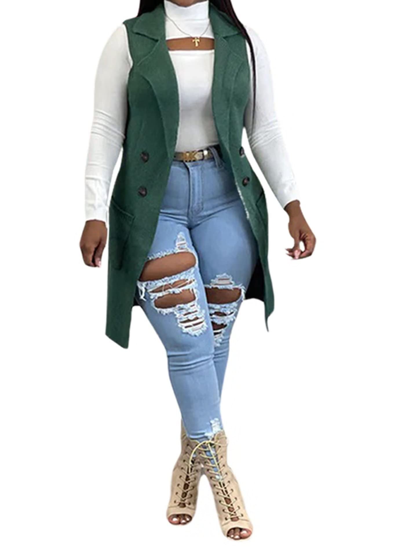 IyMoo Womens Casual Sleeveless Long Sweater Vest Open Front Knit Cardigan Waistcoat with Pockets