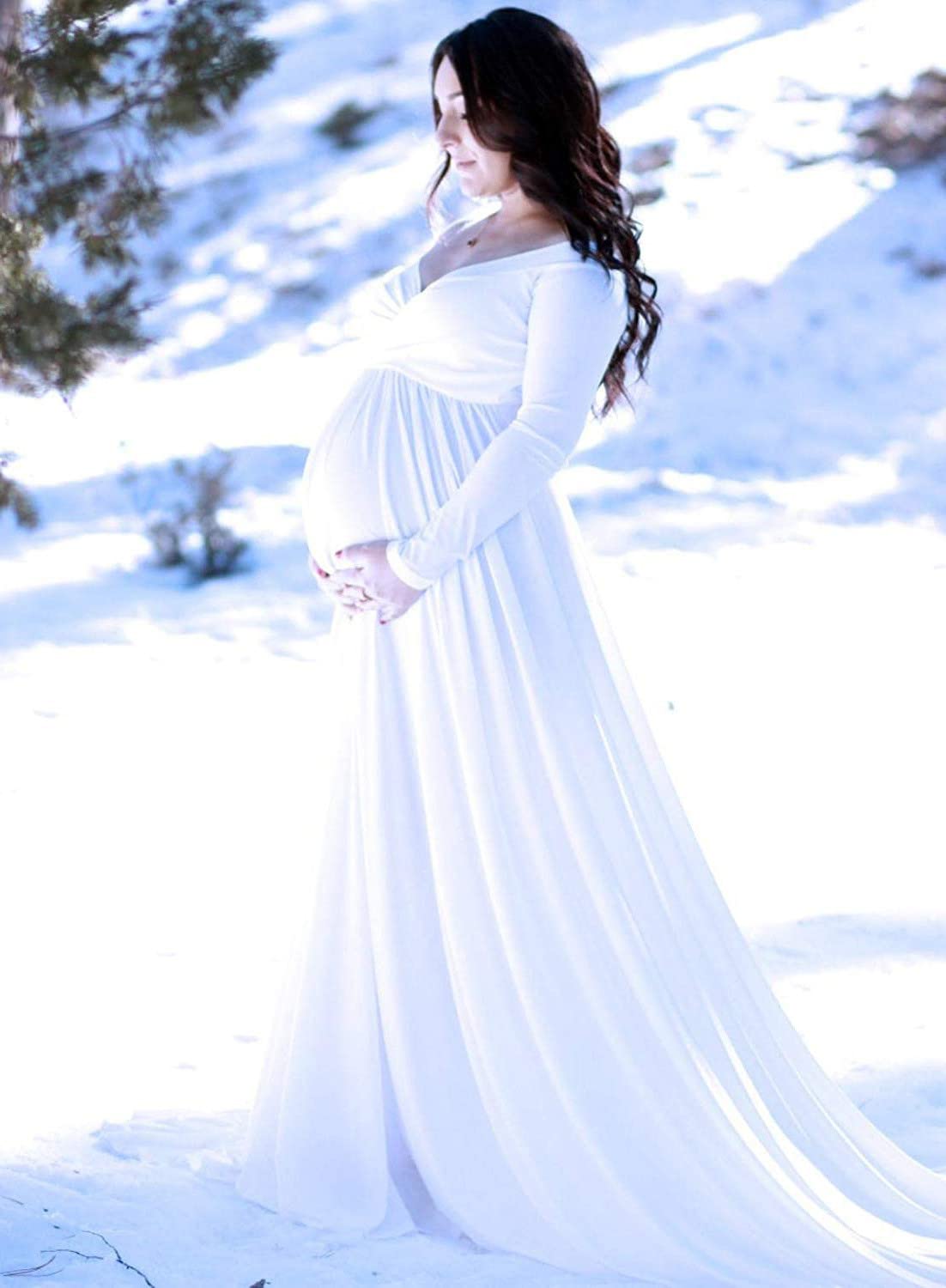 Robe Maternité Shooting Photo Bustier Col en V Sexy Manches Longues Robe Femme Enceinte Grande Taille Pas Cher Robe Grossesse Mariage Ceremonie Soiree Cocktail Chic Et Elegant
