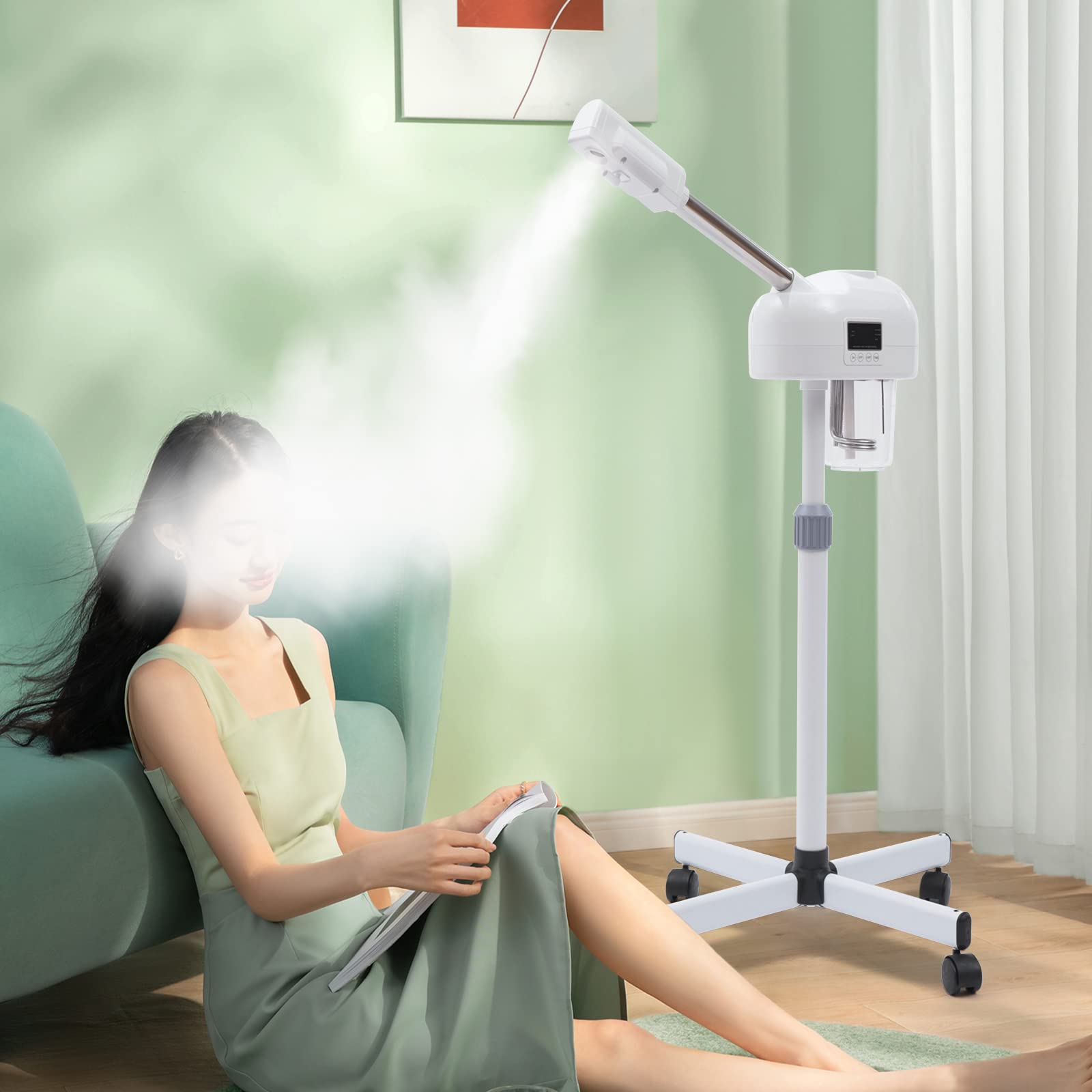 Vaporizador facial, 750W Vaporizador facial de 2 en 1, Mobile con pantalla LCD y función de vapor caliente para salón y hogar, blanco