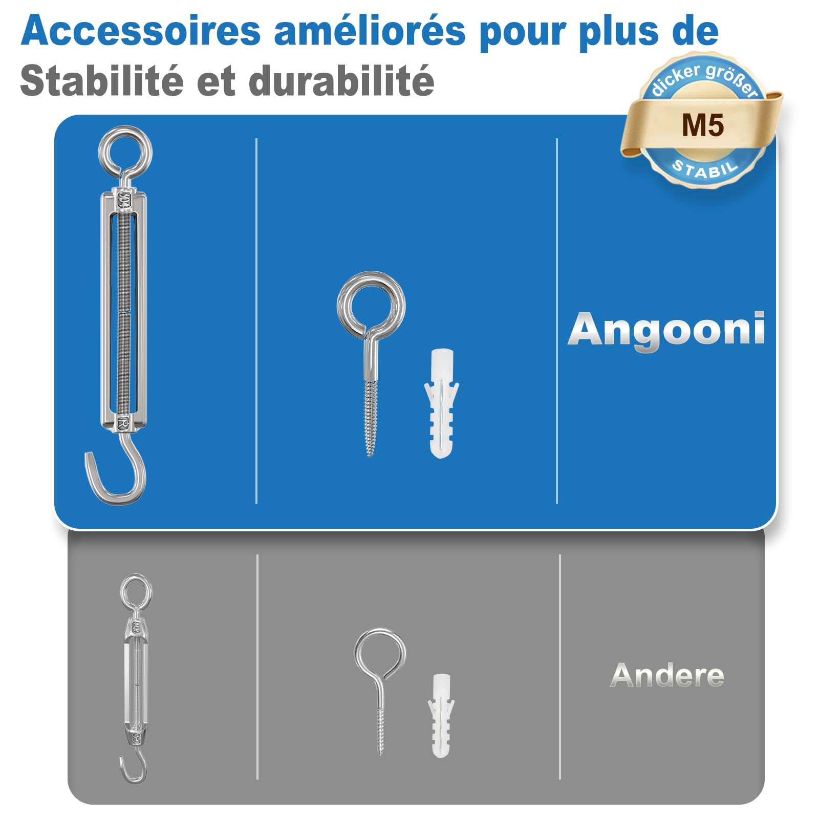 Angooni Lot de câbles en acier de 20 m, câble métallique épais de 3 mm, tendeur de câble M5, tendeur de câble en acier inoxydable, crochet mural M5, câble en acier avec œillets, tuteurs pour plantes