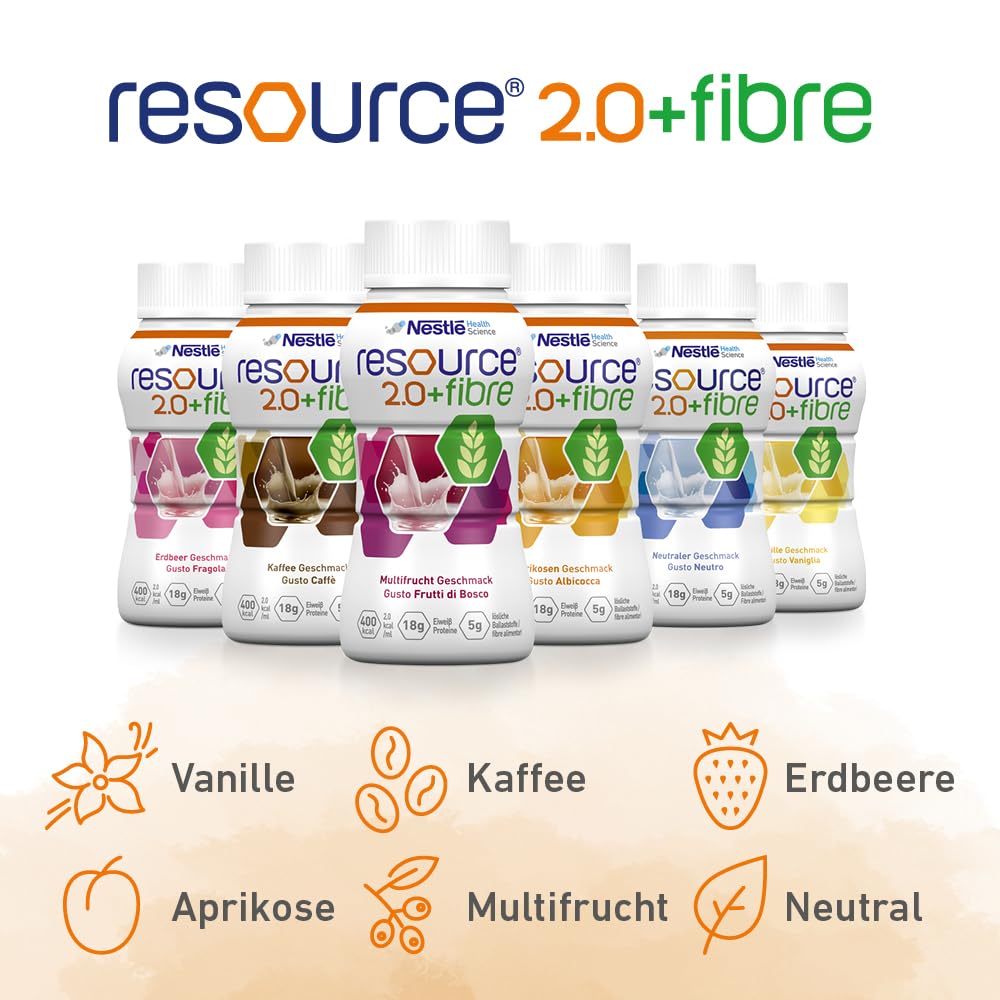 resource® 2.0+fibre Erdbeeere | 24x200ml | Hochkalorische Trinknahrung bei ungewolltem Gewichtsverlust | Astronautennahrung | Aufbaunahrung | 400 Kalorien + 18g Eiweiß/Flasche | mit Ballaststoffen