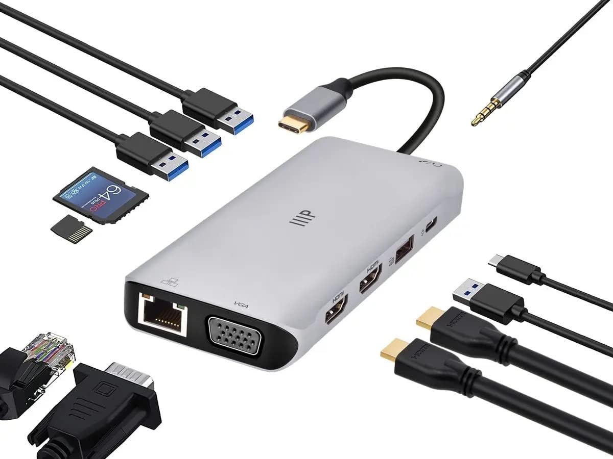 Monoprice 12-in-1 Dual-HDMI + VGA MST Triple Monitor Docking Station, Dual 4K HDMI, VGA, 5Gbps USB‑A, Gigabit Ethernet, SD/MicroSD Readers, 100W PD, 3.5mm Dual Audio/Microphone Jack