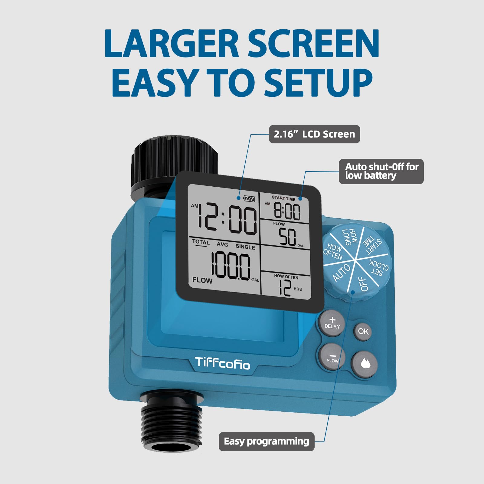 TiFFCOFiO Timer programmabile per controllo del volume dell'acqua, timer per tubo flessibile con contatore dell'acqua, irrigazione automatica e manuale per irrigazione, giardino e sistema a goccia