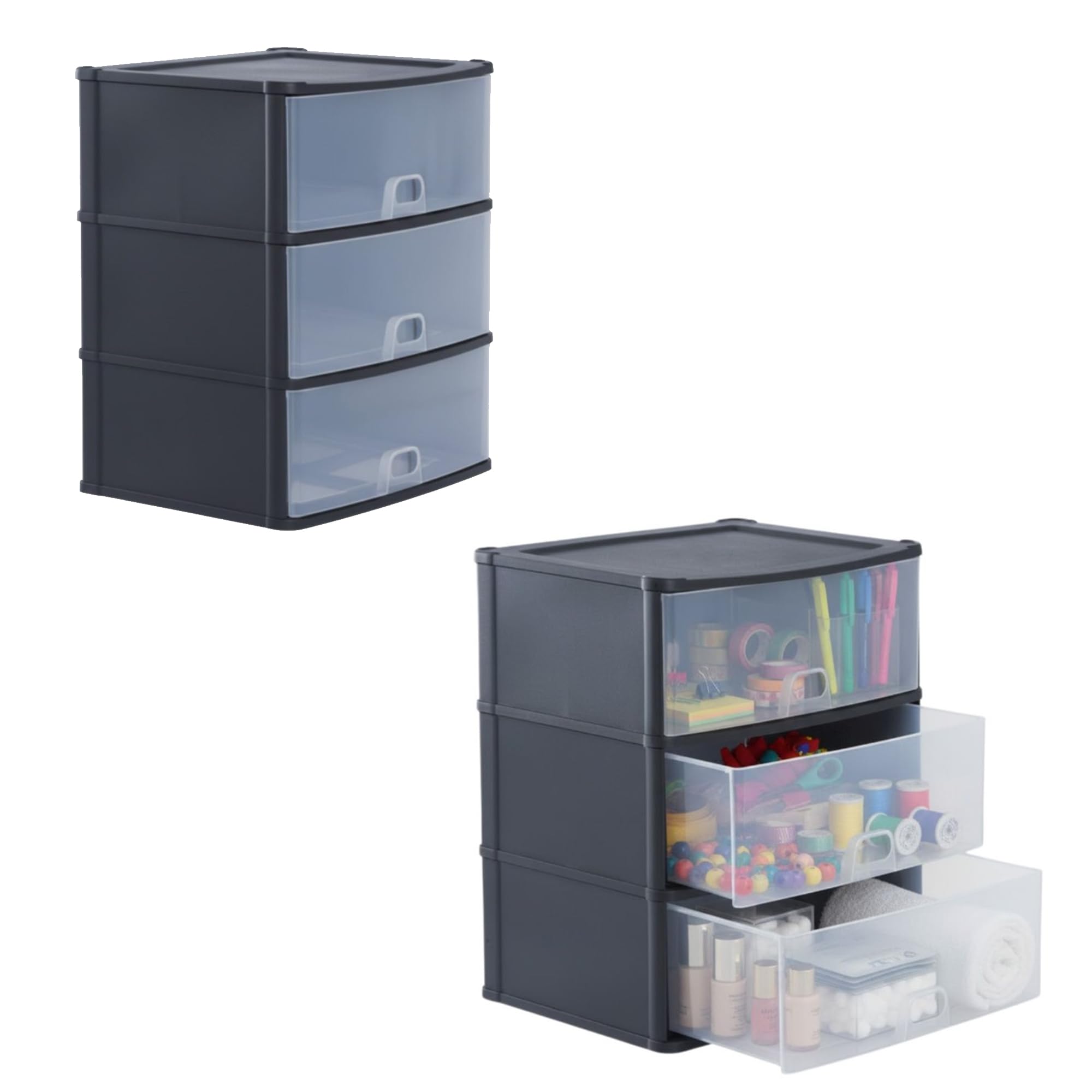 DUAYRA 3 Deep Large Drawers, Black/Clear 3 Tier Plastic Storage Unit, Home/Office Desktop Organizer, Stackable, Accessories, Art, Stationary Box (Large 3D Drawers 37200)