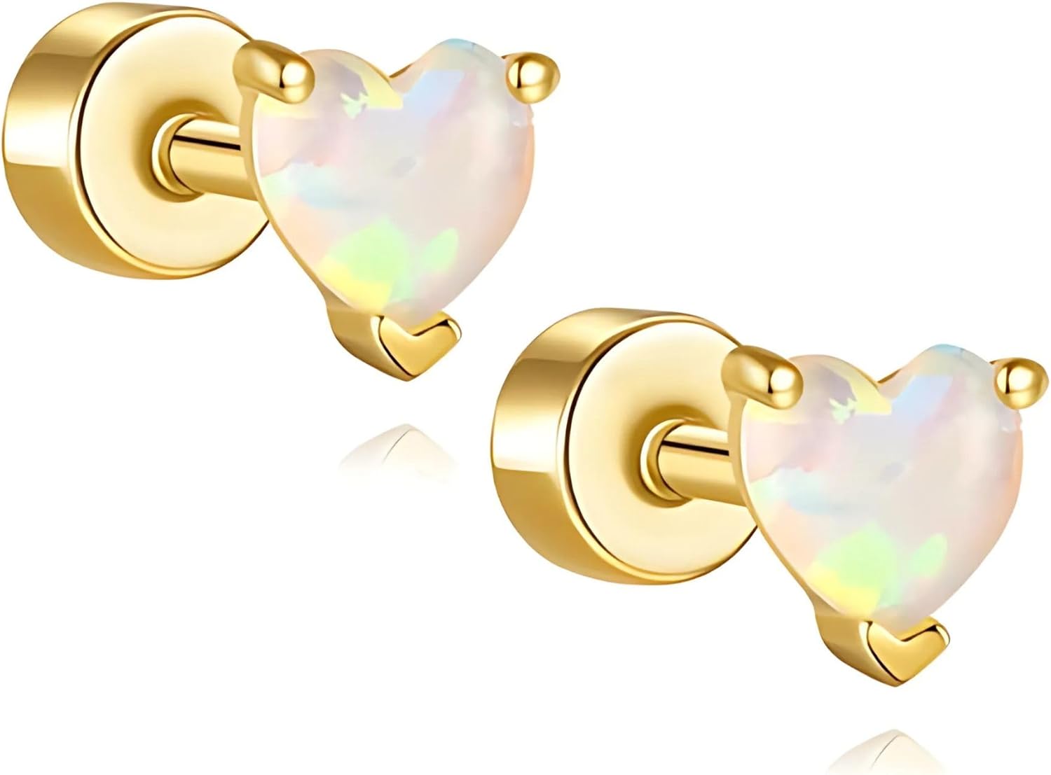 Heart Shaped Created Opal Flat Back Earrings for Women by Ginger Lyne |14K Gold over Sterling Silver 6mm Length Post 18G Piercings – Cartilage Helix Lobe Tragus Studs Back Threaded Body Jewelry (Pair)