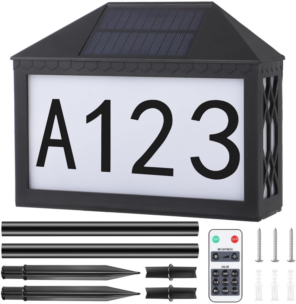 Colorful Solar Address Sign with 60 Christmas Stickers, Led House Number Plaque with Stakes & Screws, Remote Control Outdoor Light for Garden and Driveway
