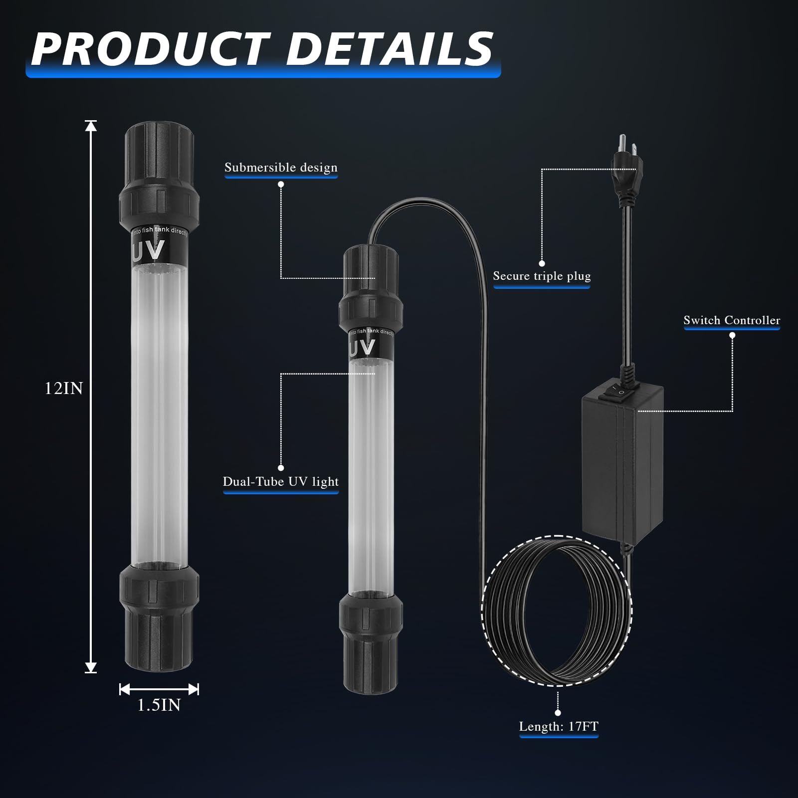 Luz esterilizadora sumergible UV de 20 W para acuario, estanque, inmersión fría, piscina, jacuzzi, lámpara de filtro de agua UV-C sin ozono con vidrio de cuarzo, bloque de gravedad ponderado